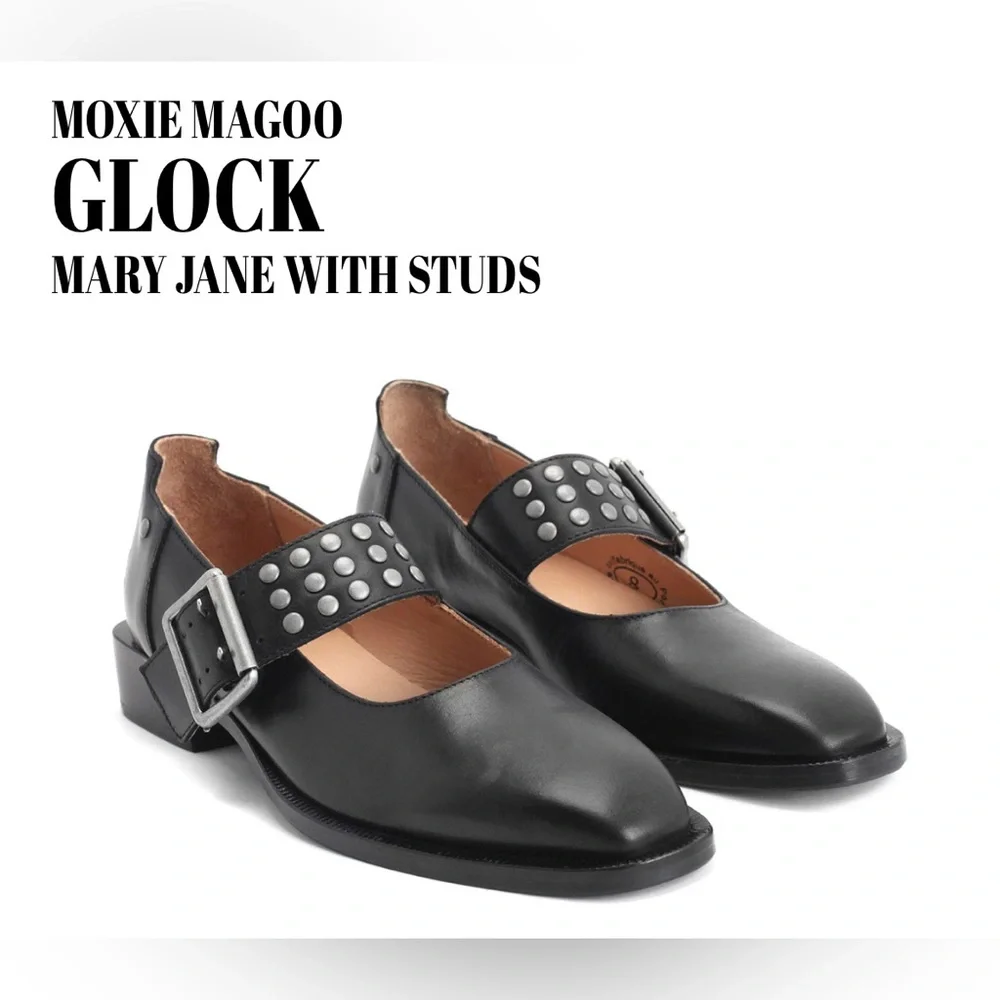 John Fluevog Black Mary Jane Flats with Silver Studs